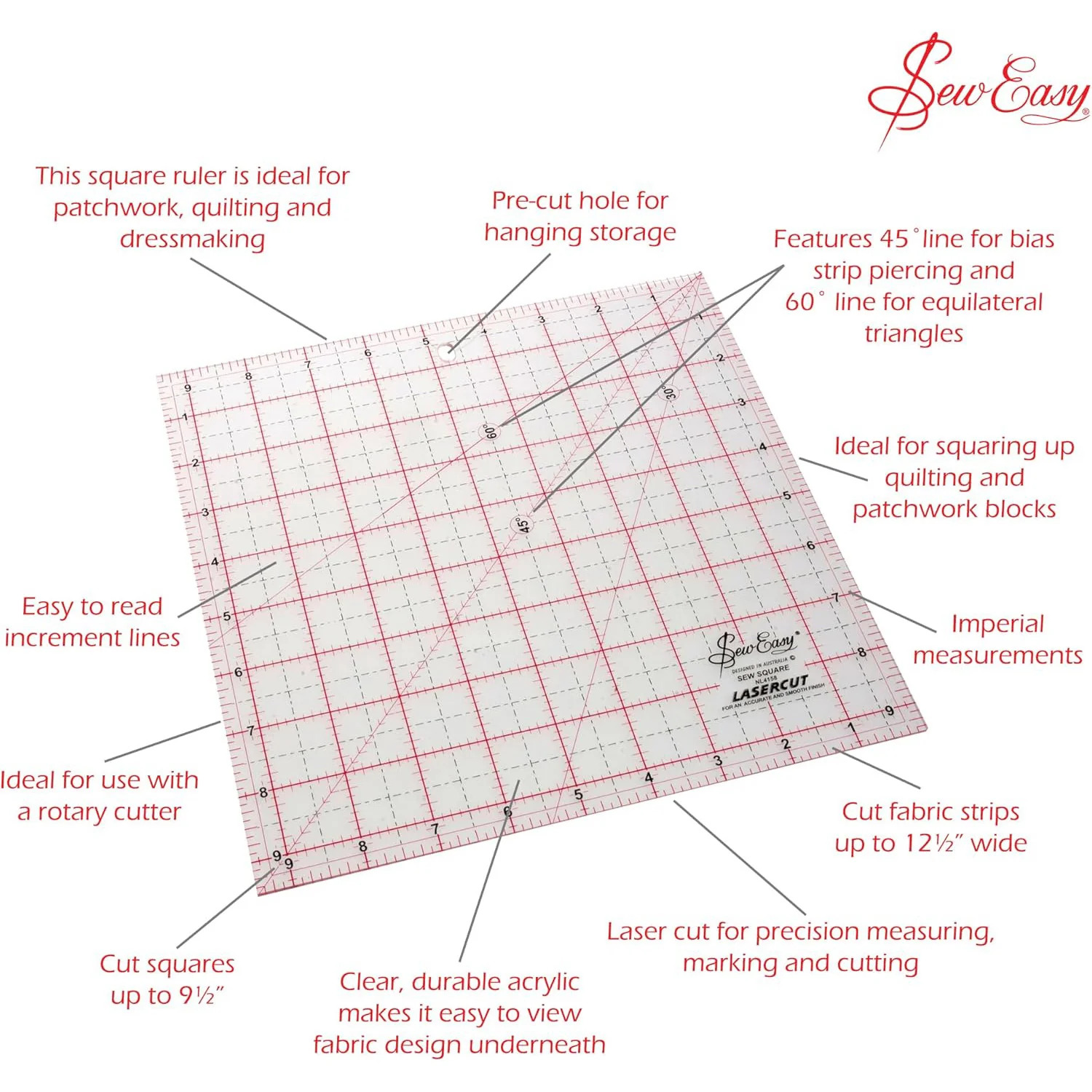 Sew Easy Quilting Patchwork Square Ruler 9.5" x 9.5" - Image 3