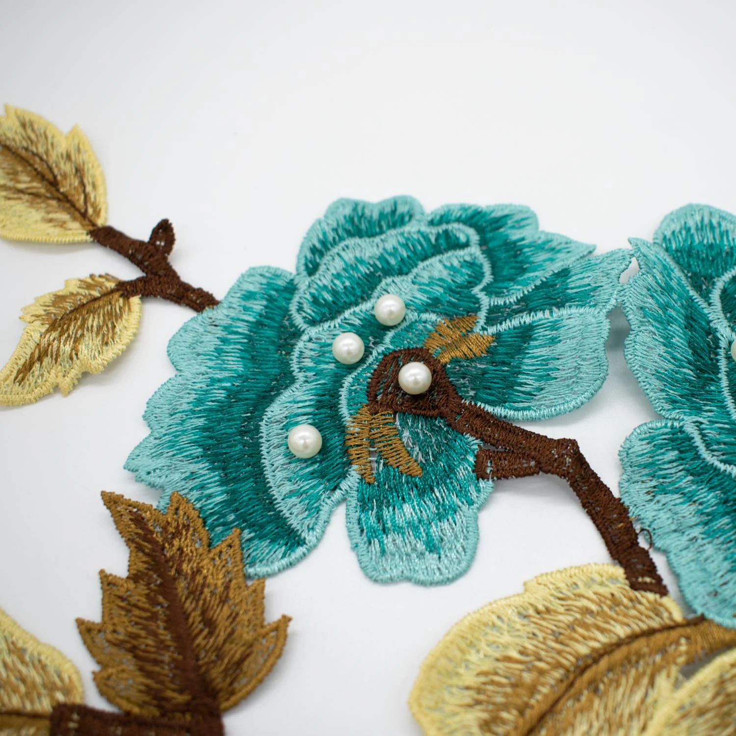 Teal Flower & Pearl Embroidered Applique Motif Design-I-44 - Image 3